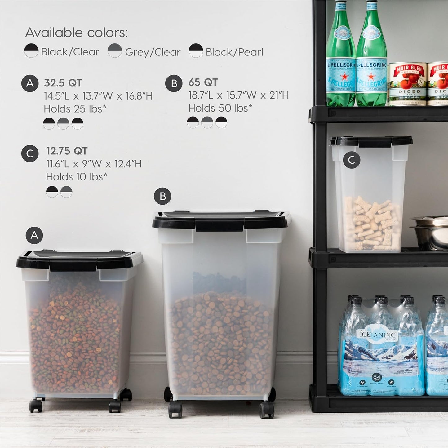 IRIS USA Airtight Dog Food Storage Container, WeatherPro, Up to 25 lbs, Removable Wheels, for Dog Cat Bird and Other Pet Food Storage Bin, Keep Fresh, Translucent Body, Made in USA, Clear/Black