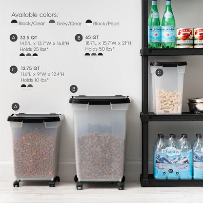 IRIS USA Airtight Dog Food Storage Container, WeatherPro, Up to 25 lbs, Removable Wheels, for Dog Cat Bird and Other Pet Food Storage Bin, Keep Fresh, Translucent Body, Made in USA, Clear/Black