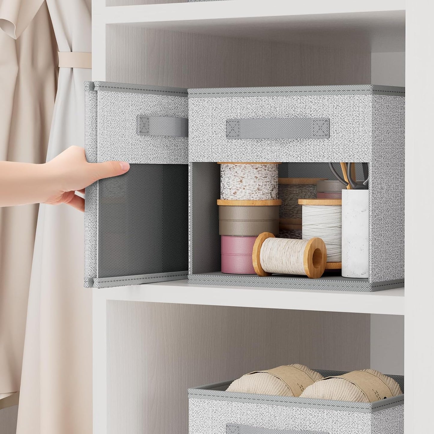 DIMJ Storage Cubes, 11x 11 inch Cube Storage Bin, 6 Pack Closet organizers and storage Bins with Window, Collapsible Baskets with Handle for Shelves, Clothes, Toys, Books (Grey)