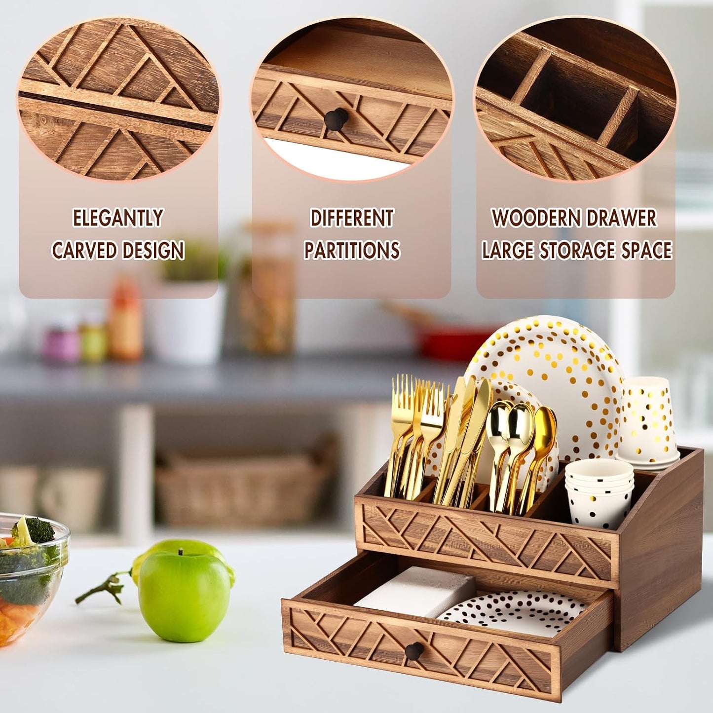 Marsui Paper Plate Dispenser, Wood Rustic Paper Plate Holder for Countertop with Drawer Silverware Utensil Caddy, Cutlery Flatware Organizer for Spoon Fork Napkins Kitchen Parties(Black)