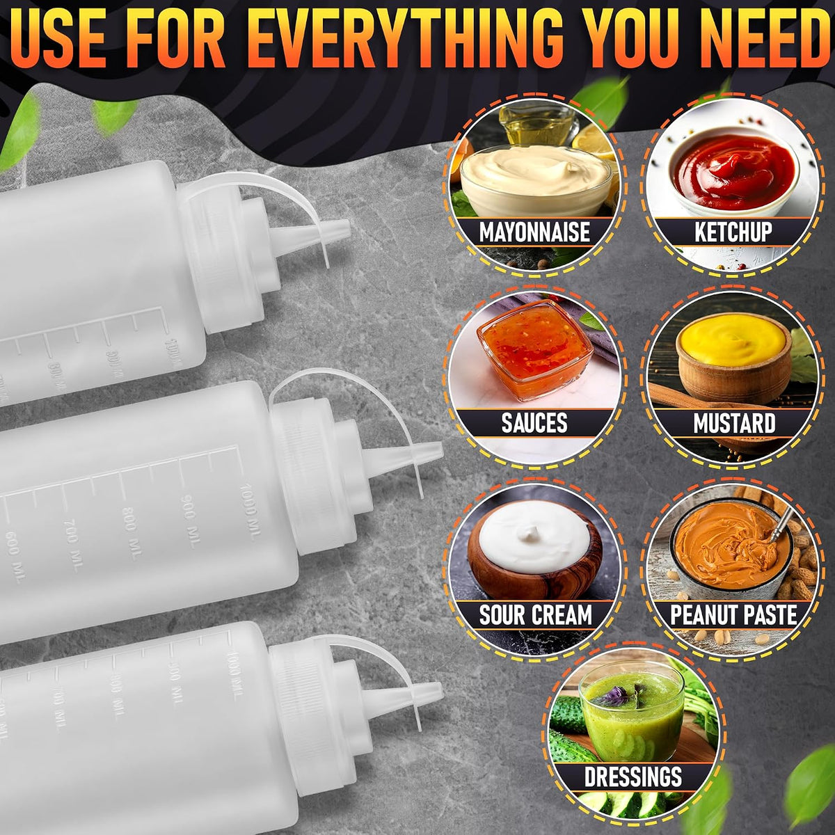 BURIUS Inverted Condiment Squeeze Bottles 16 oz for Sauces, Honey