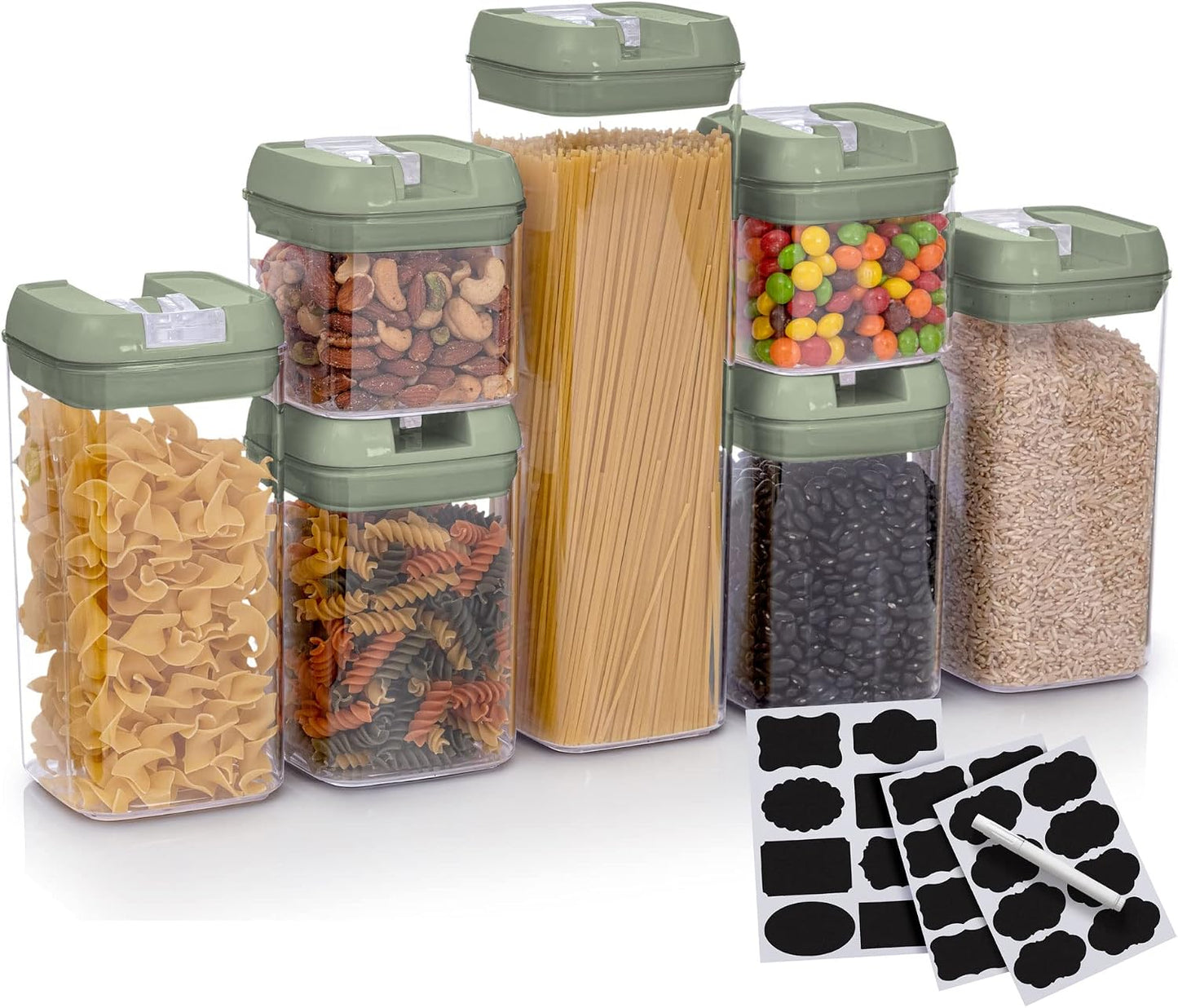 Set of 7 Airtight Food Storage Containers - Pantry Organizer Bins, BPA Free Plastic Containers plus Dry Erase Marker and Labels, White