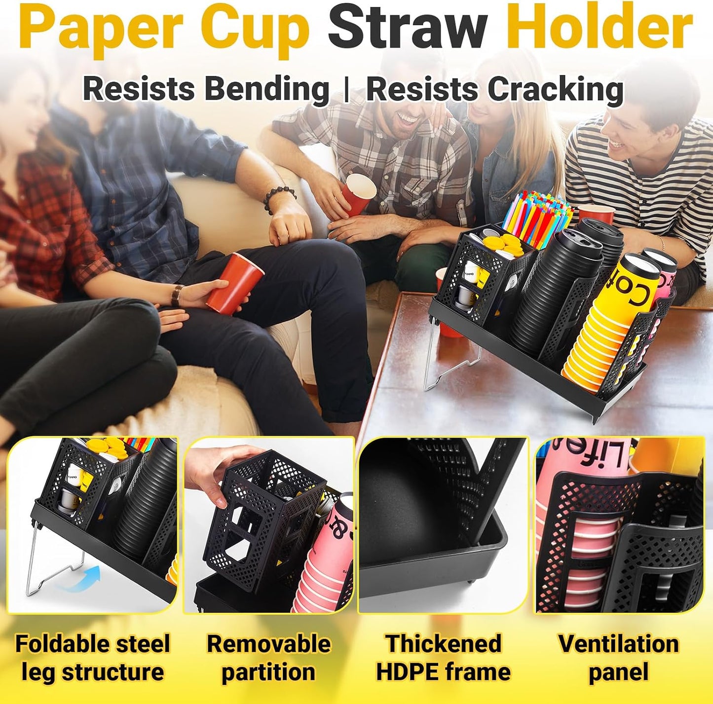 Cup and Lid Holder, Disposable Paper Cup Dispenser with Coffee Pod Straw Storage Basket, Countertop Coffee Cup Holder for Coffee Stations, Bars, Break Rooms, Living Rooms, Parties (Black)