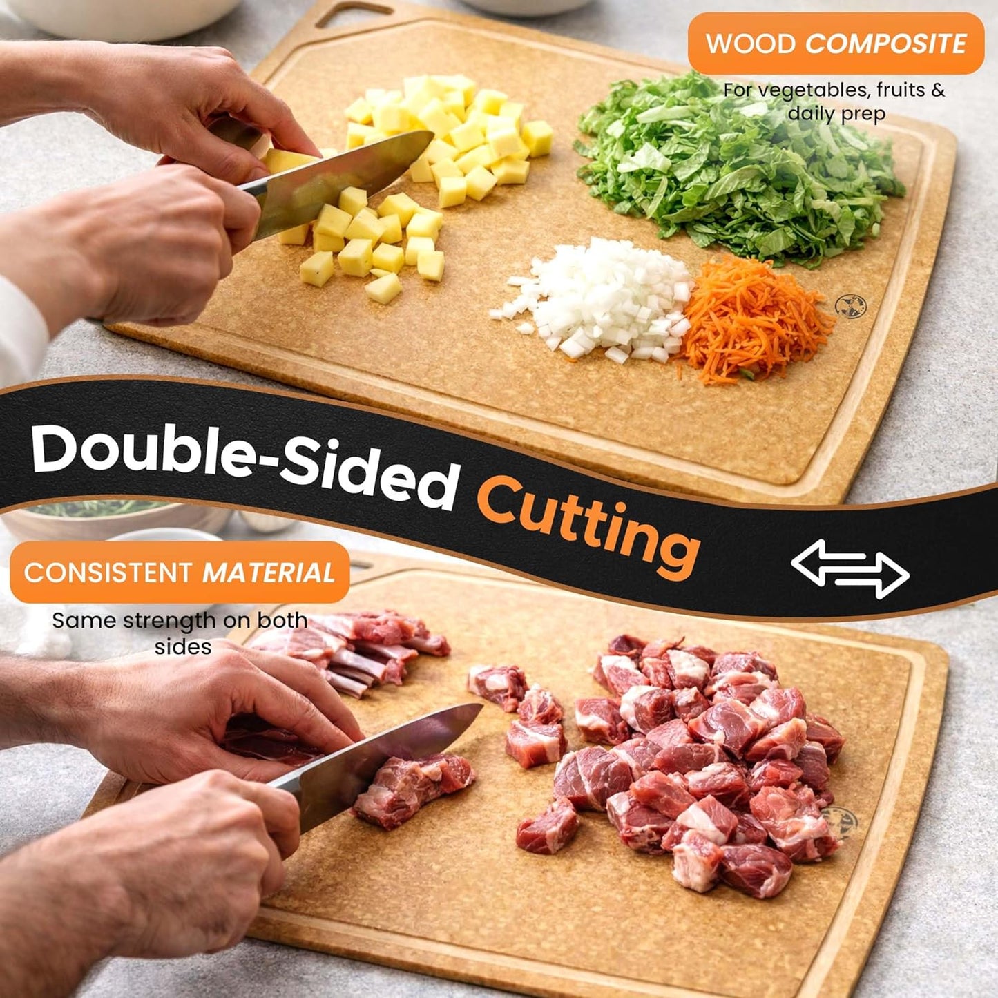 Earth's Dreams Composite Wood Cutting Board Set of 3 – Built In Juice Groove, Dishwasher Safe,Cutting Boards for Kitchen – Large, Medium & Small Non-Slip Wood Charcuterie & Chopping Boards (Tan/Black)