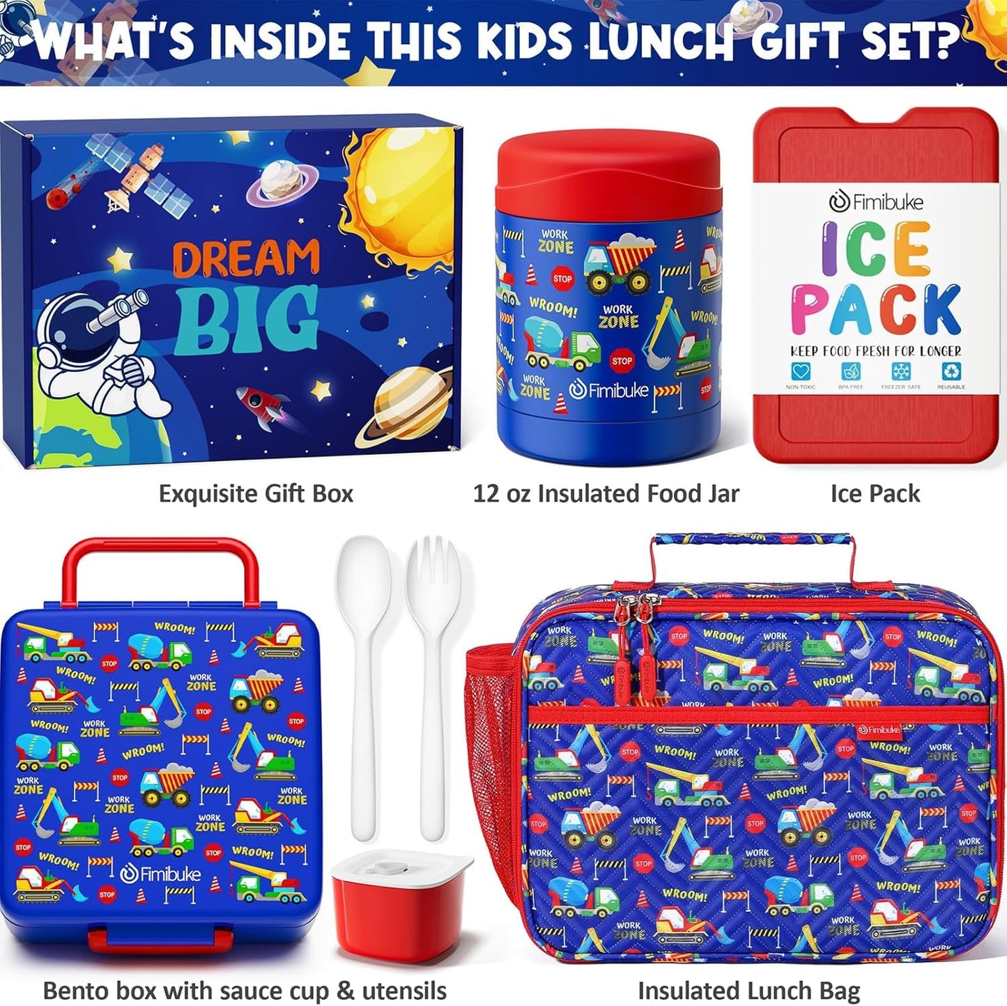 Fimibuke Kids Bento Snack Lunch Box with 4 Compartment, Insulated Lunch Bag, Stainless Steel Vacuum Thermo Food Jar, Ice Pack, Utensils Set, Birthday Gifts for Age 3-12 Back to School Toddler Girl Boy