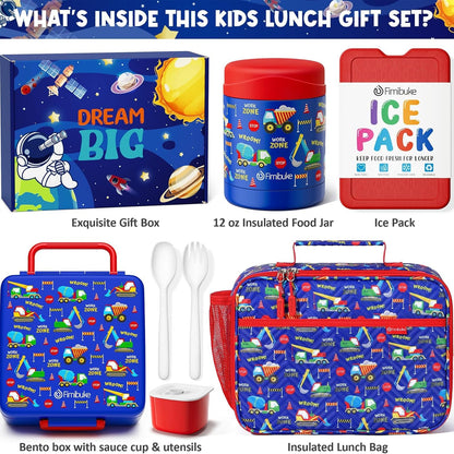 Fimibuke Kids Bento Snack Lunch Box with 4 Compartment, Insulated Lunch Bag, Stainless Steel Vacuum Thermo Food Jar, Ice Pack, Utensils Set, Birthday Gifts for Age 3-12 Back to School Toddler Girl Boy
