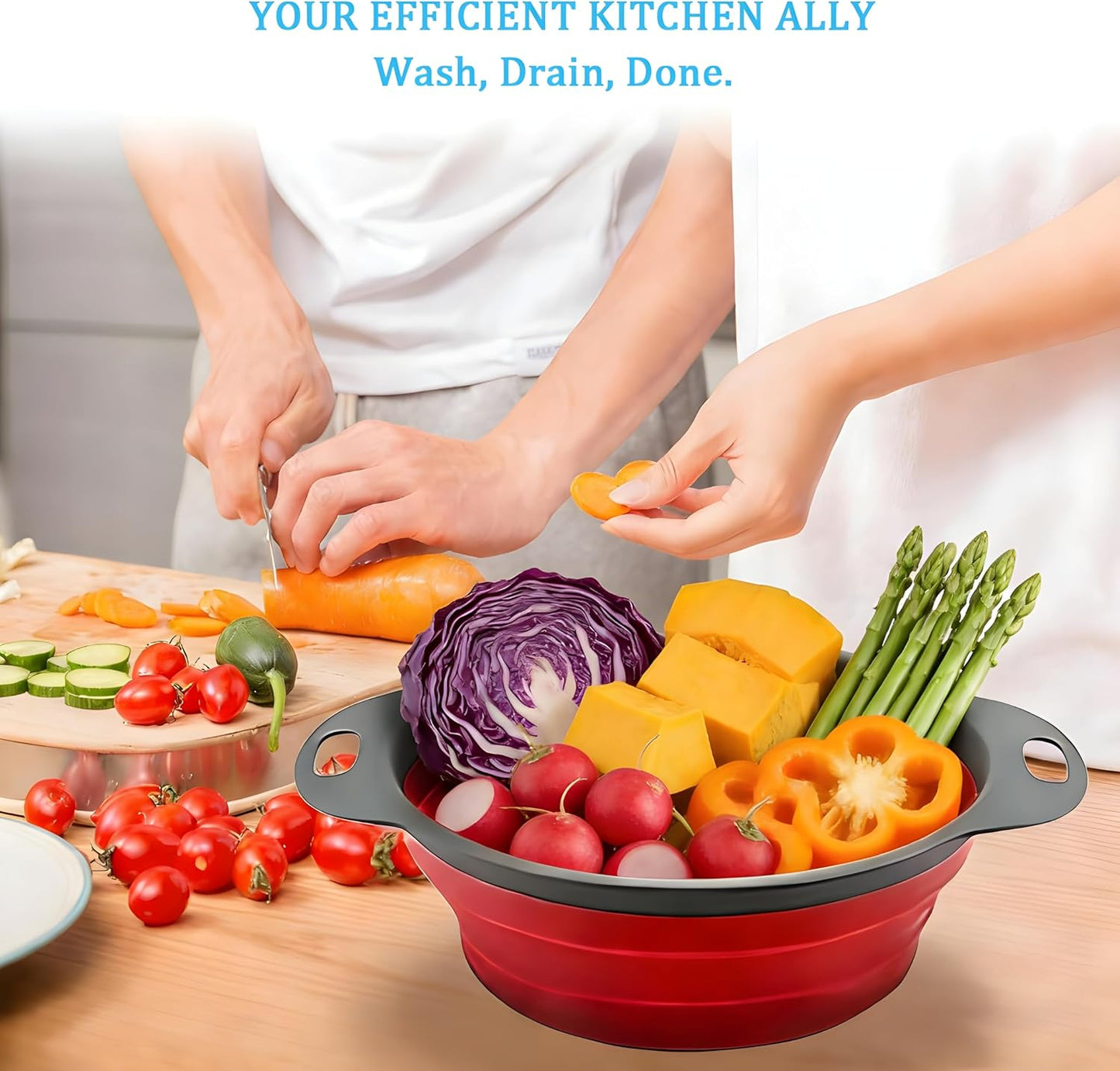 UVB Collapsible Colander Set, Space-Saving Foldable Kitchen Strainer for Pasta, Vegetables & Fruit, Colander for Kitchen with 2 Stainless Steel Hooks & Silicone Funnel – Blue