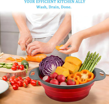 UVB Collapsible Colander Set, Space-Saving Foldable Kitchen Strainer for Pasta, Vegetables & Fruit, Colander for Kitchen with 2 Stainless Steel Hooks & Silicone Funnel – Blue
