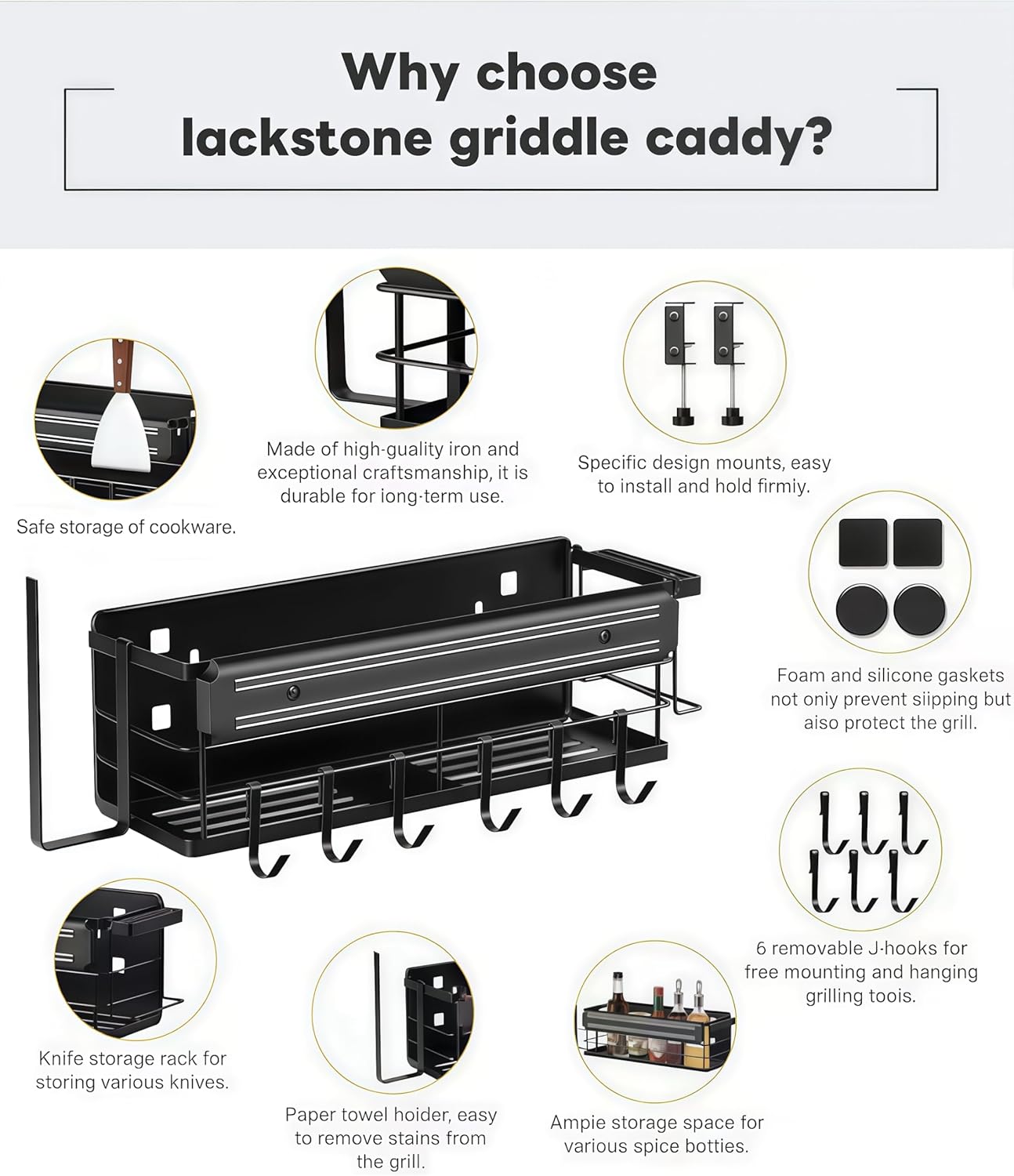 Griddle Caddy for Blackstone 17"/22"/28"/36"/, Blackstone Caddy with Squeeze Bottle, Upgraded 6-in-1 Grill Storage Organizer with Cup & Paper Towel Holder, Outdoor BBQ Grill Accessories