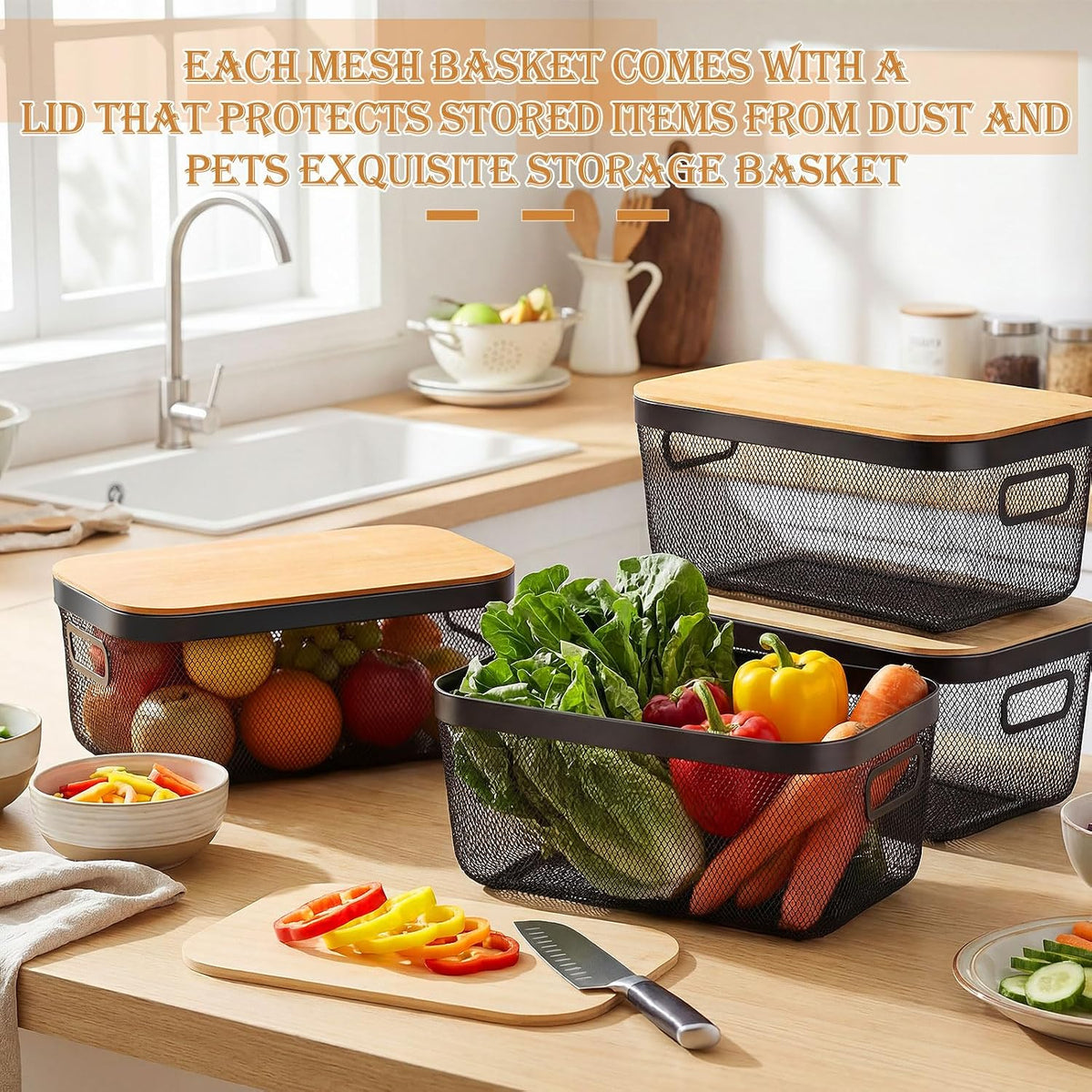 Sawysine 4 Pcs Metal Mesh Steel Basket with Handles and Bamboo Lids 16 x 9.8 '' Stackable Black Wire Basket Pantry Organization and Storage for Cabinets Shelves Kitchen Harvest