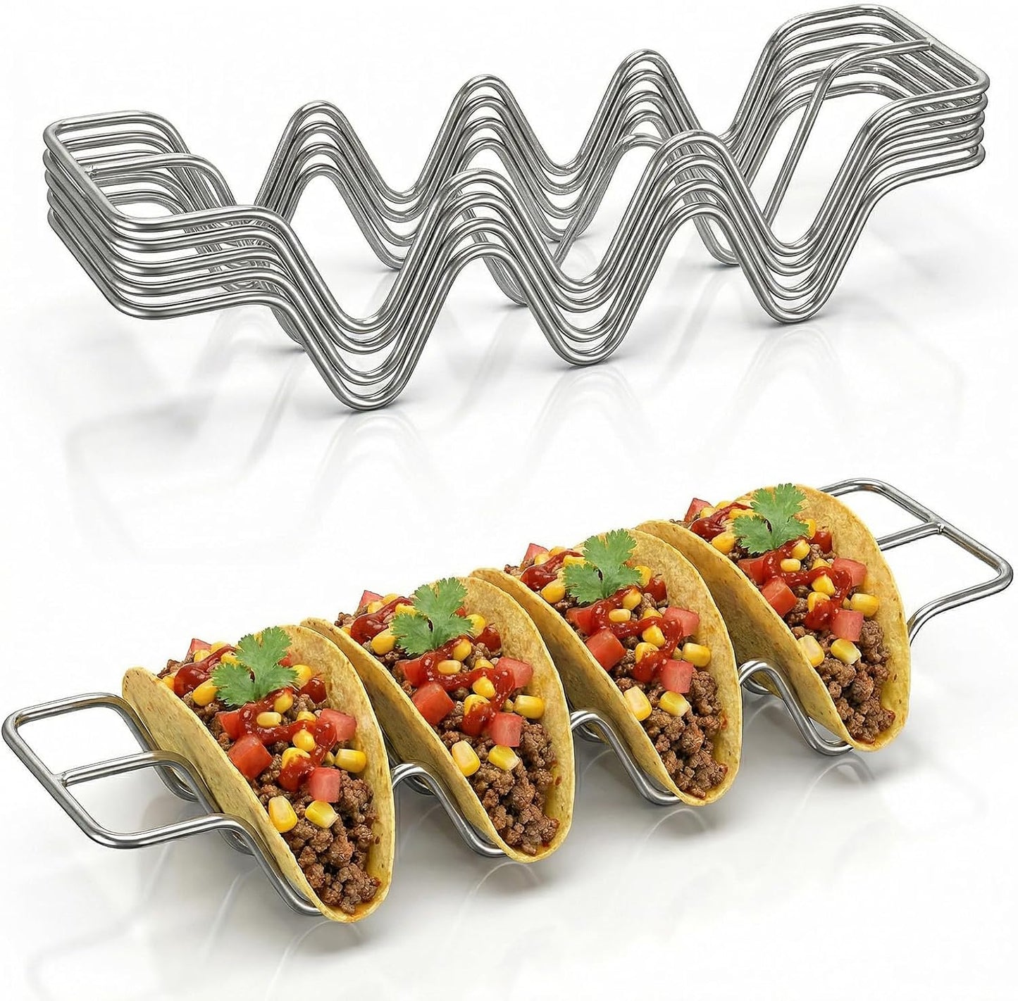 6 Pcs Taco Holders, Stainless Steel Taco Shell Holder Stand, Tacos Tray Plates, Holds 4 Tacos Each, Oven Safe for Baking, Dishwa sher and Grill Safe For Soft & Hard Shell with Handles