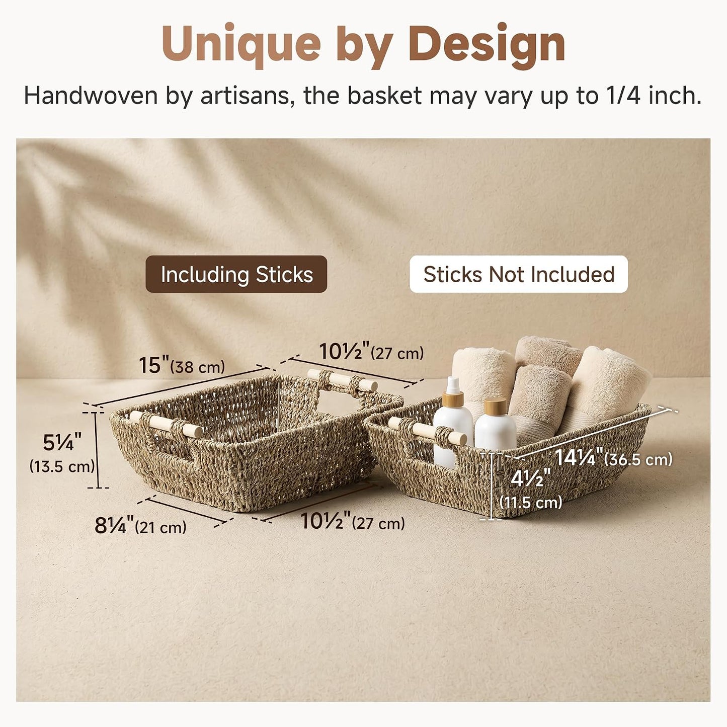 StorageWorks Hand-Woven Storage Baskets with Wooden Handles, Water Hyacinth Wicker Baskets for Organizing, 2 Pack