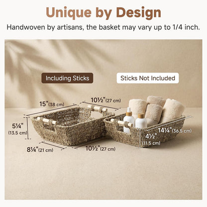 StorageWorks Hand-Woven Storage Baskets with Wooden Handles, Water Hyacinth Wicker Baskets for Organizing, 2 Pack