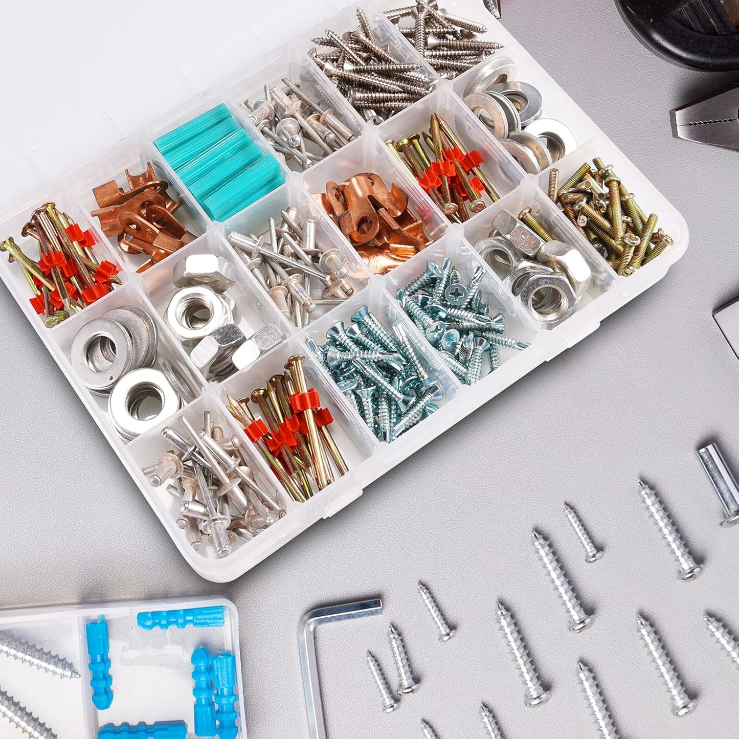 Exptolii 15 Large Grids Plastic Organizer Box with Dividers, 2 Pack Clear Compartment Container Storage for Washi Tapes Beads Crafts Jewelry Fishing Tackles, Size 11 x 6.3 x 2.2 in