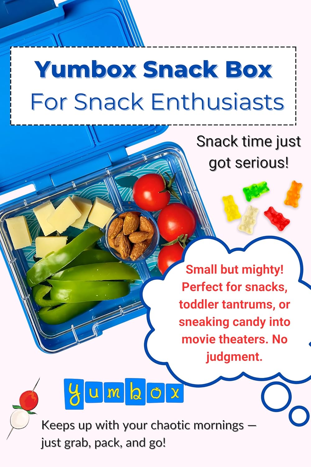 Yumbox Snack Box, 3 Compartments, Leakproof, Glitter Blue | Built-In Dip Well | Removable Compartment Tray | Easy-Open Single Latch | Lightweight & Compact | Perfect for Snacks & Sides