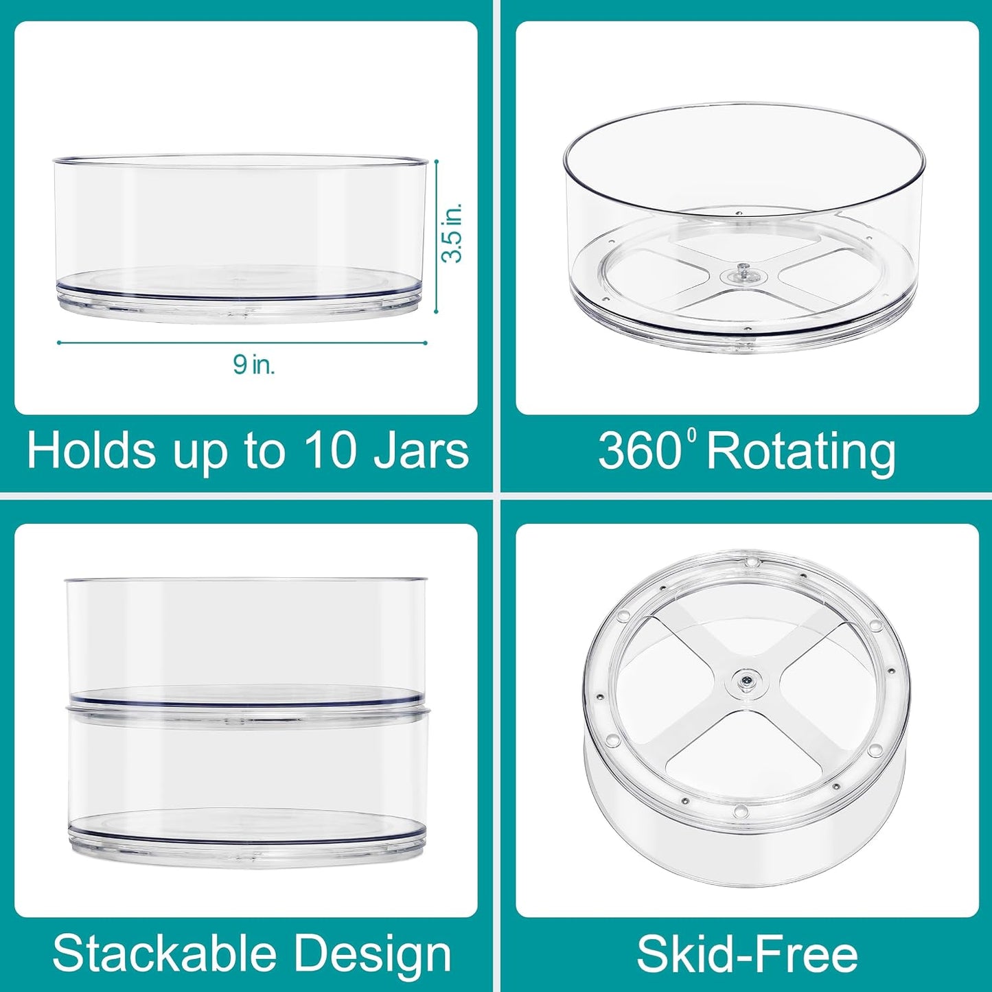 Sorbus 9 Inch Clear Lazy Susan Organizer Set, 2 Flat Turntable Organizer for Spice Organization for Cabinet, 1 Tall Lazy Susan for Kitchen, Home, Office, Closet, Classroom, Laundry Room Organization