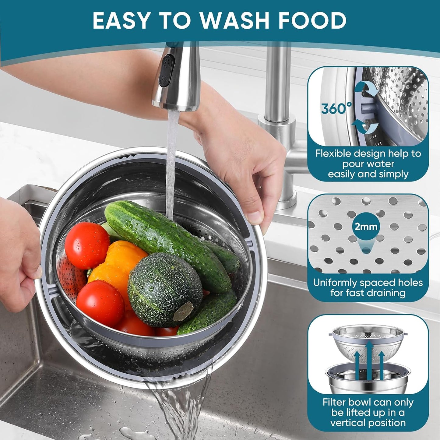 P&P CHEF Mixing Bowls with Lids Set of 3, Stainless Steel Mixing Bowl and Colander for Kitchen, 3 Grater Attachments & Non-Slip Bottoms, Visible & Airtight Lid, Khaki
