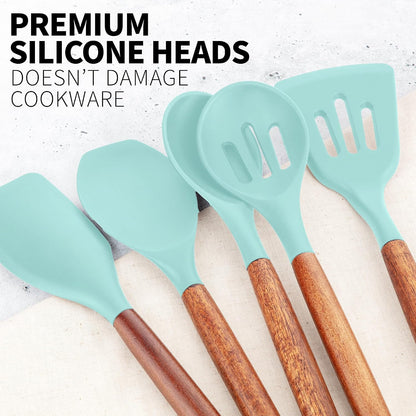 Zulay Kitchen Utensils Set Non-Stick Silicone Cooking Utensils Set with Authentic Acacia Wood Handles - 5 Piece Silicone Utensil Set - Kitchen Utensils Set with 464°F Heat Resistance - Gray