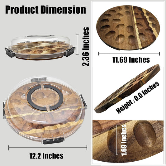 Deviled Egg Containers with Lid and Handle Portable Travel Acacia Wood Deviled Egg Platter 24 Holes Tray Holder Double-sided Use