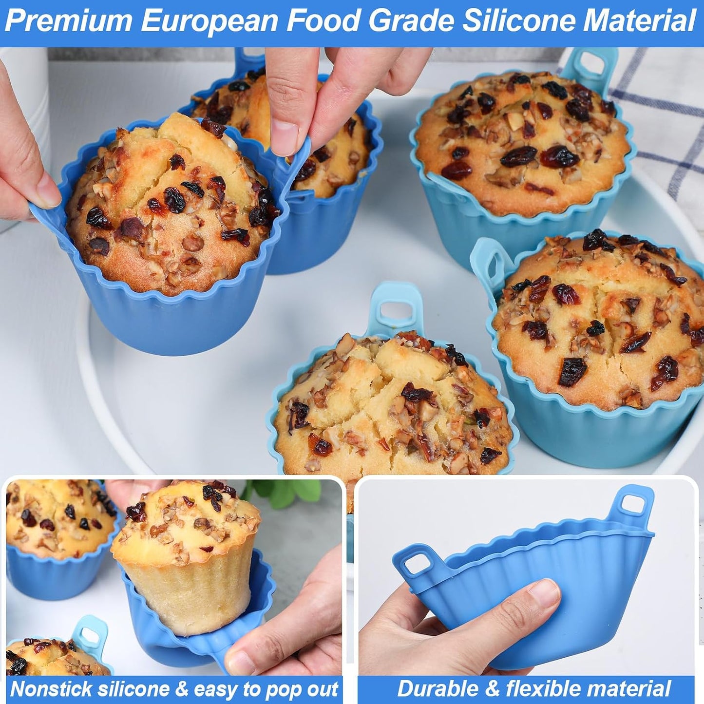 Koluti Nonstick Silicone Muffin Baking Cups Pack of 12, Reusable Cupcake Molds with Double Handle, BPA Free, Mini Round Air Fryer Cupcakes Liner, 3 Colors
