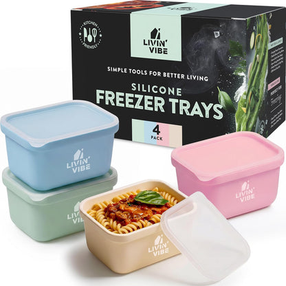 Silicone Freezer Trays with Lids, 4 Pack, 8.45 fl oz (250 ml) Each, Flexible Reusable Food Grade Silicone Containers for Ice, Soups, Meal Prep & Storage