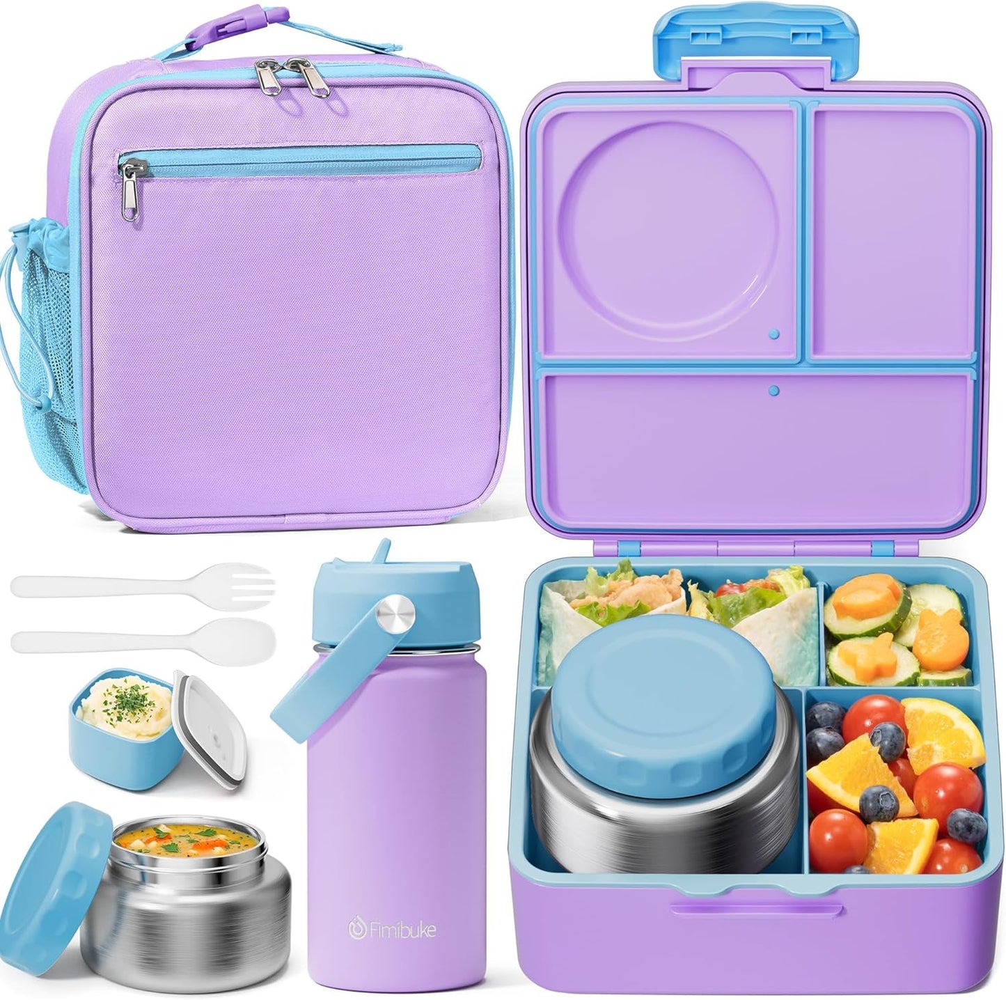 Fimibuke Kids Bento Lunch Box with Thermo, Leakproof Toddler Bento Box with 8.5 OZ Insulated Food Jar, Lunch Bag, Kids Water Bottle, 3 or 4 Compartment Container for Back to School Toddler Girls Boys