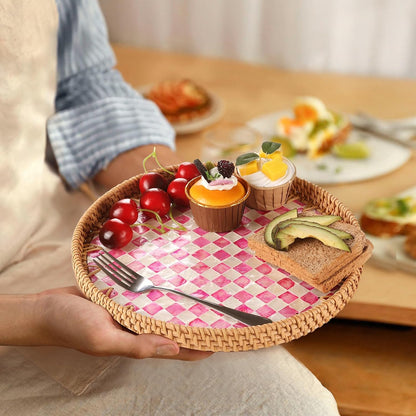 Round Rattan Tray with Mother of Pearl Inlay, Rattan Serving Tray for Coffee, Bread, Fruits, Decorative Wicker Tray for Table Decor, Home Decor, Kitchen Island Decor(Black Checkerboard, 11.8")