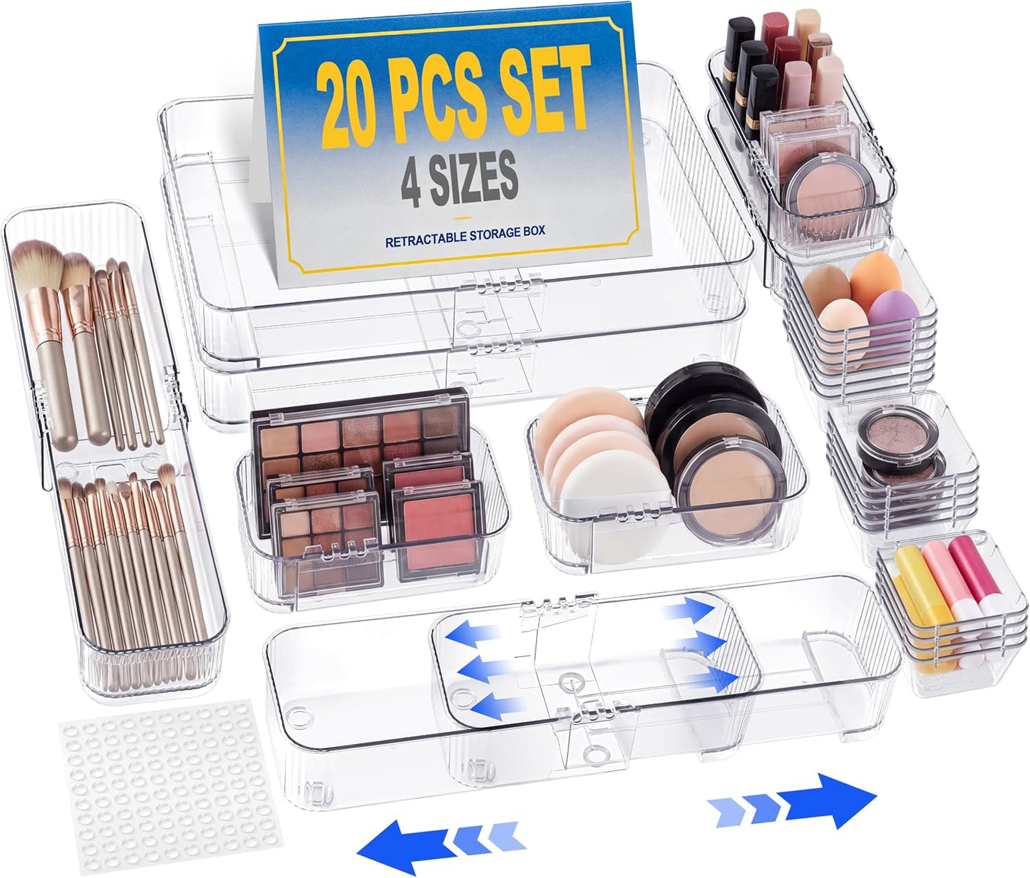 Aneco 14 Pieces Extendable Clear Drawer Organizer Adjustable Vanity Storage Box 4-Size Desk Drawer Divider Acrylic Storage Bins for Makeup, Cosmetic, Jewelries, Bedroom Kitchen Utensils Gadgets
