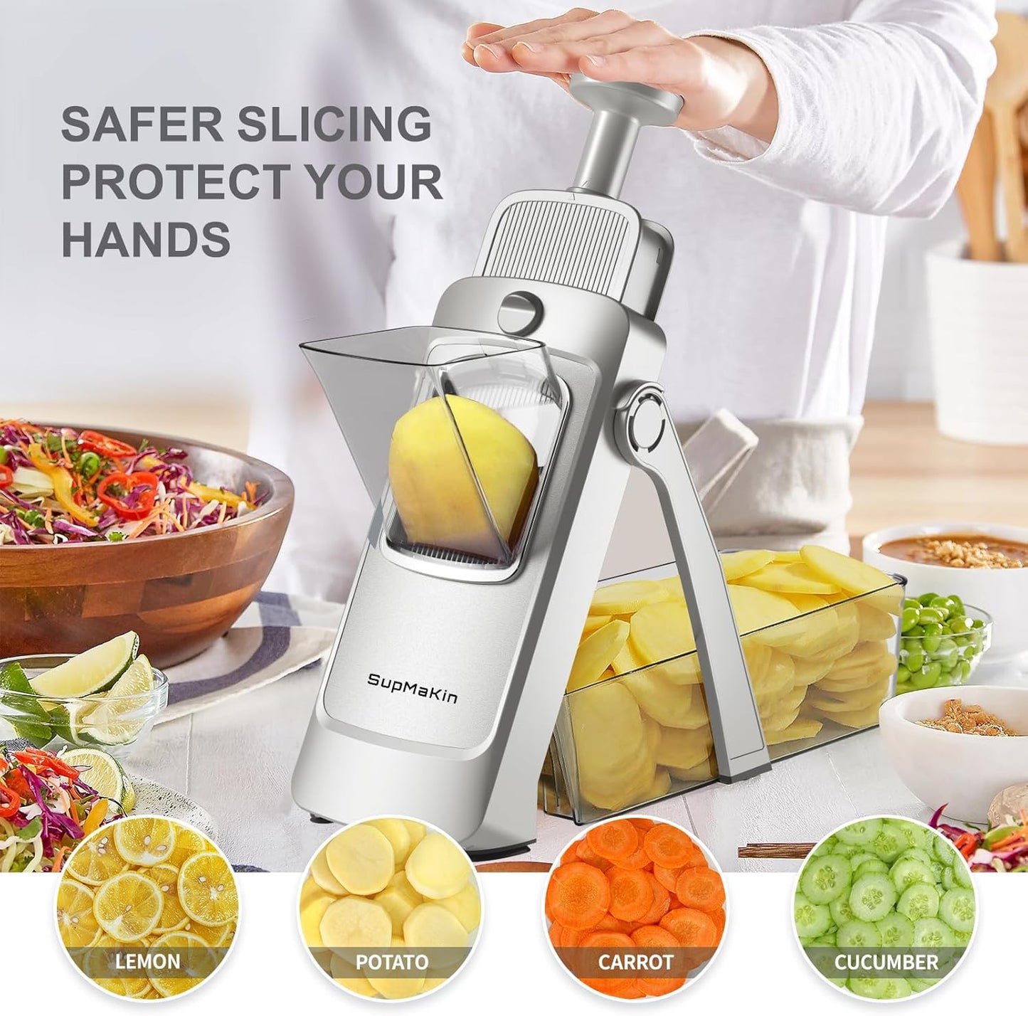 SupMaKin Safe Mandoline Slicer for Kitchen, Potato Slicer for Chips, Vegetable & Food Cutter,Thickness Adjustable 0.1-8 mm, Kitchen Faster Slice Artifact (Only Slicer)