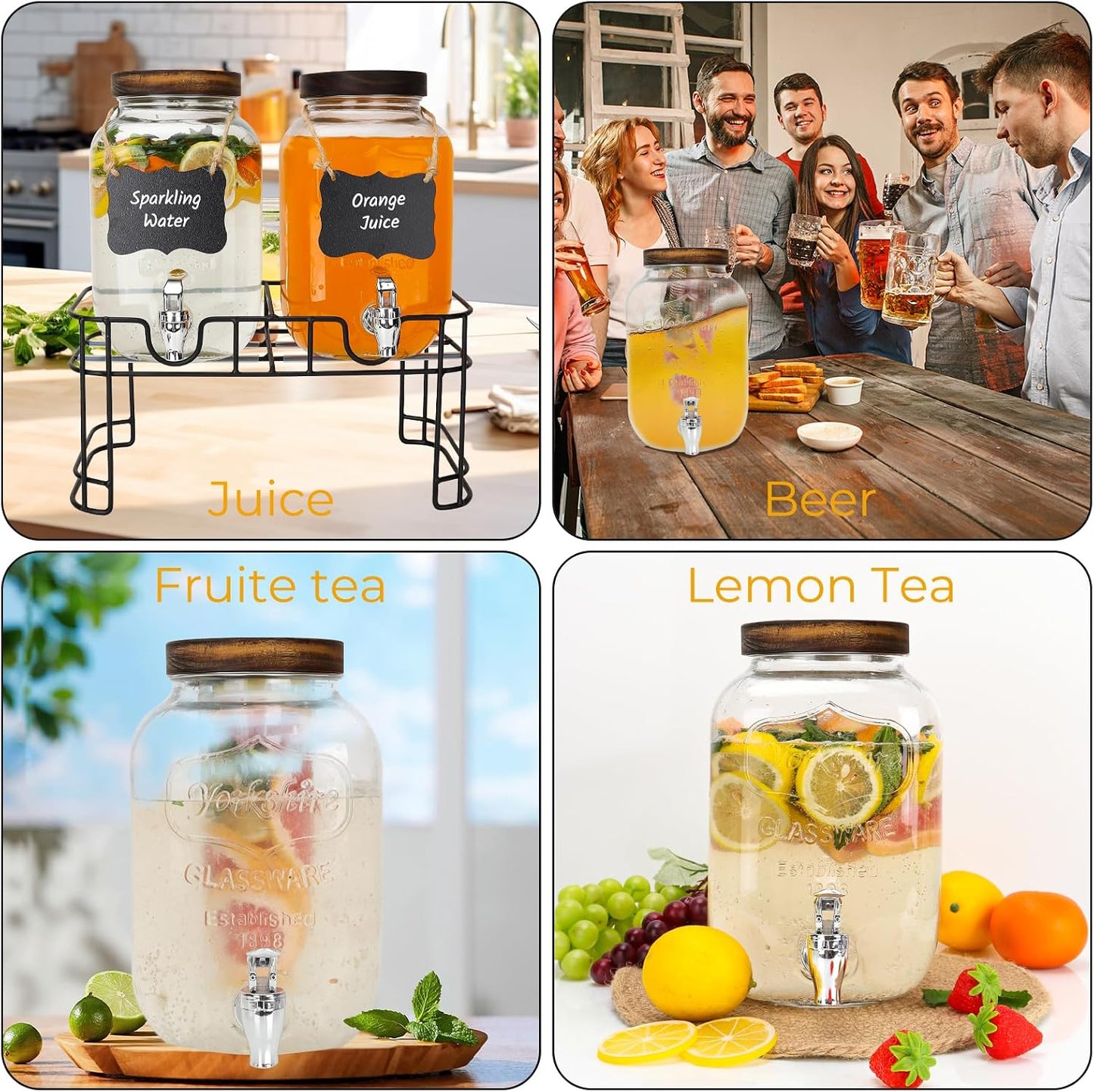 Glass Drink Dispensers For Parties, 2 PACK 1 Gallon Beverage Dispenser With Stand And Spigot Leak proof. Lemonade Dispenser With Ice Cylinder and Chalk board