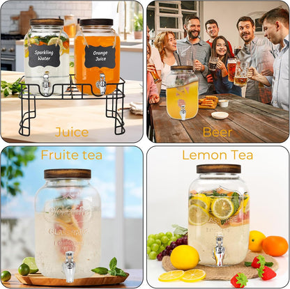Glass Drink Dispensers For Parties, 2 PACK 1 Gallon Beverage Dispenser With Stand And Spigot Leak proof. Lemonade Dispenser With Ice Cylinder and Chalk board