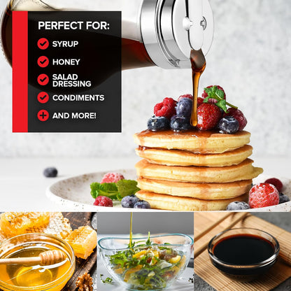 14 oz Glass Syrup Dispenser With No Drip Bottle for Maple Syrup, Honey, Pancake Mix, or Sugar - Dishwasher Safe Container With Metal Easy Pour Lid (414mL)