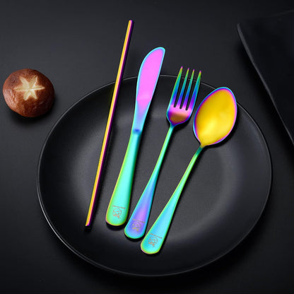 Boulder Bee | Travel Utensils Set | Reusable Camping Cutlery Set | Stainless Steel Flatware Set | Portable Silverware Set with Case | Includes Knife/Fork/Spoon/Straw/Cleaning Cloth/Case (Purple)