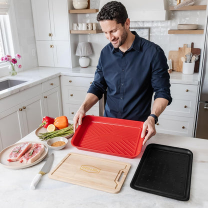 AVIEUS Grill Prep and Serve Trays | Set of 2 Stackable, Melamine Trays | Serving Tray & Marinating Tray | Serving Platter for Plating Food & BBQ Prep Tub for Marinating Meats | Grill Accessories |