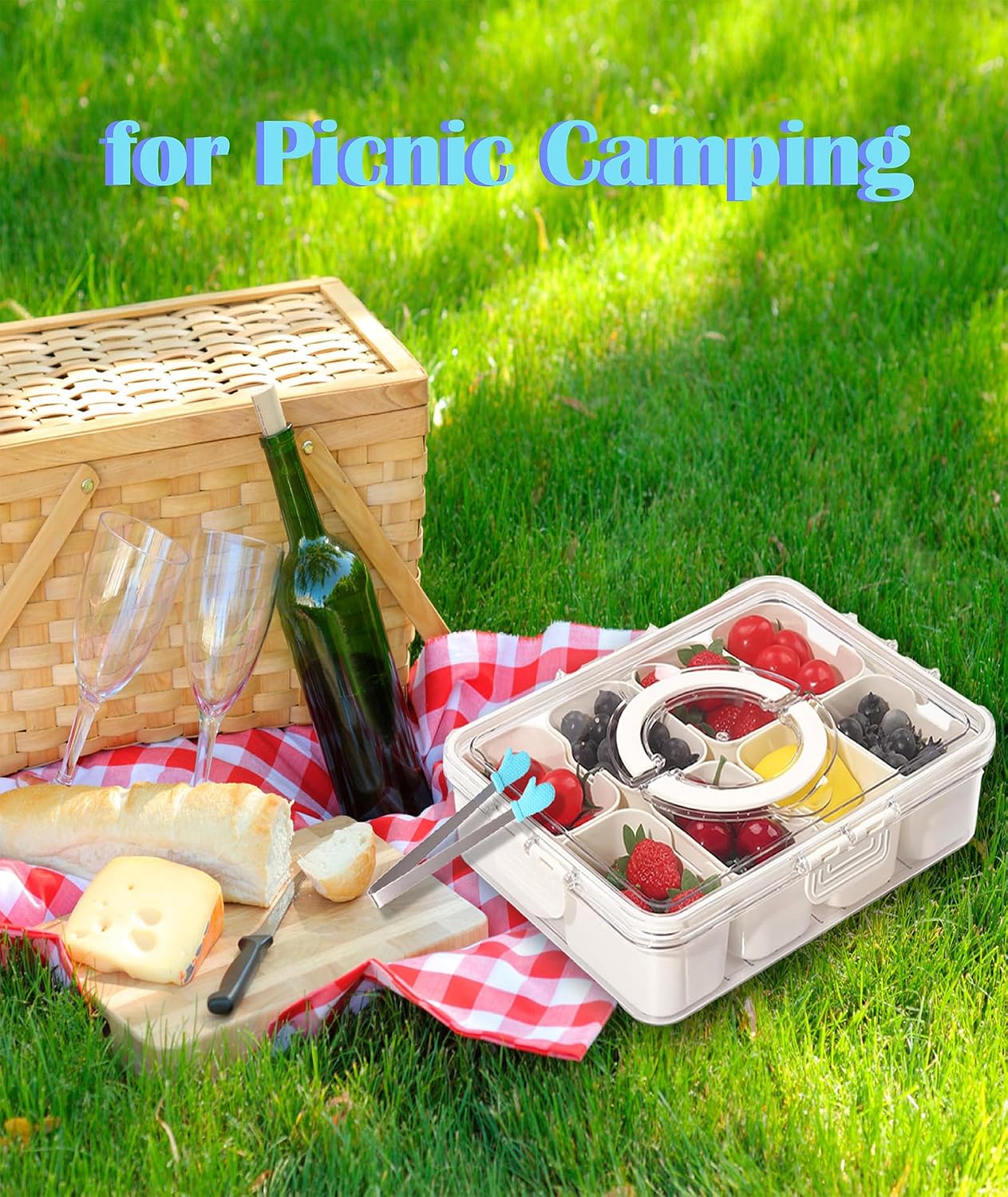 1Pack Divided Serving Tray with Lid and Handle Snack Tray with Lid Picnic Charcuterie Fruit Tray Candy Container Picnic Charcuterie Travel Box for Snacks (1)