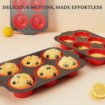 BRONYPRO Silicone Muffin Pans for Baking with Metal Frame, Egg Bite Molds, Cupcake Pans 12 Regular Size, Muffin Tins Easy to Pop Nonstick Non Toxic Bakeware for Oven,Blue