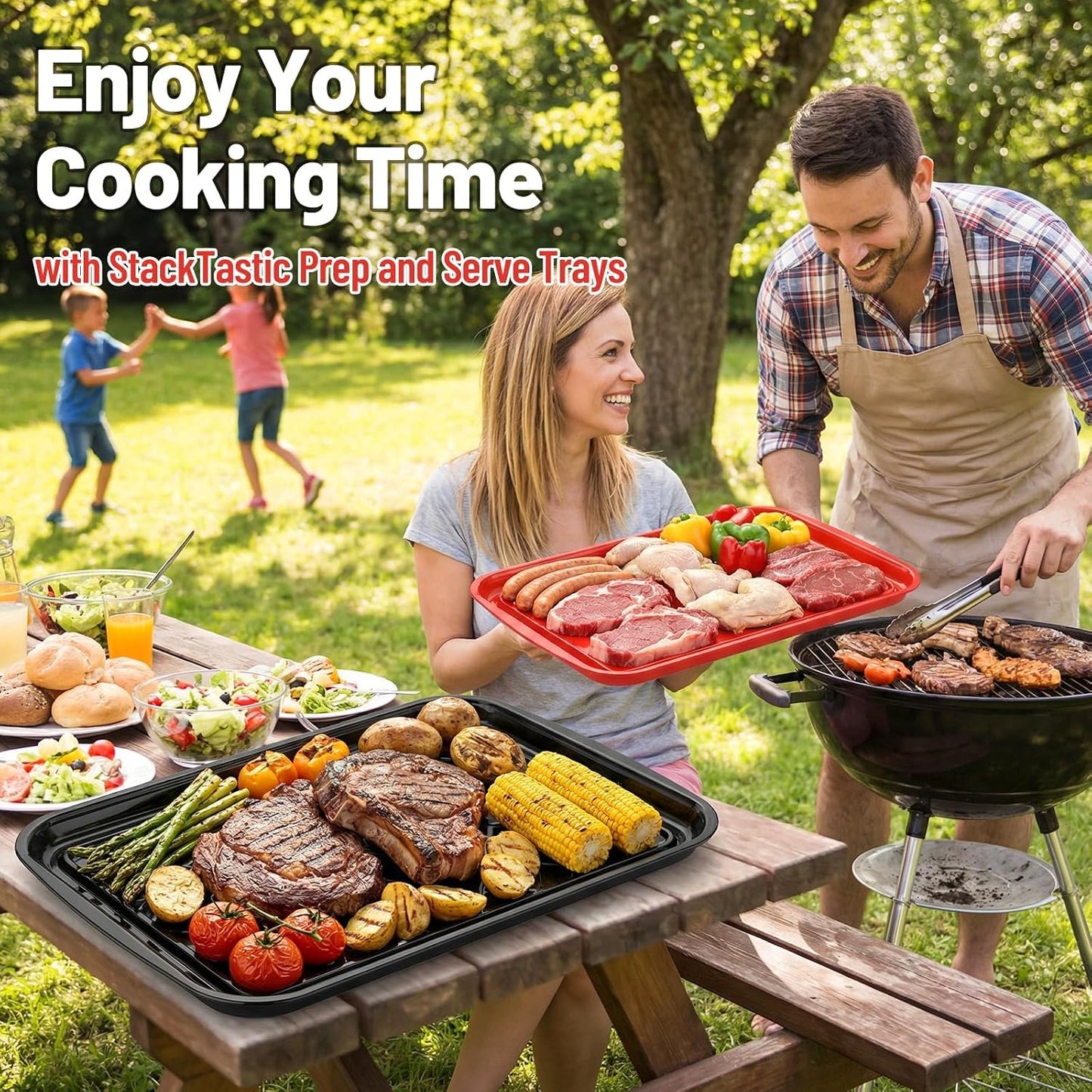 Grilling Prep & Serving Tray, Set of 2 Stackable Plastic BBQ Trays for Raw and Cooked Food, Dishwasher Safe, 17"×10.5" Outdoor Cooking, BBQ Accessories for Parties, Green & Black