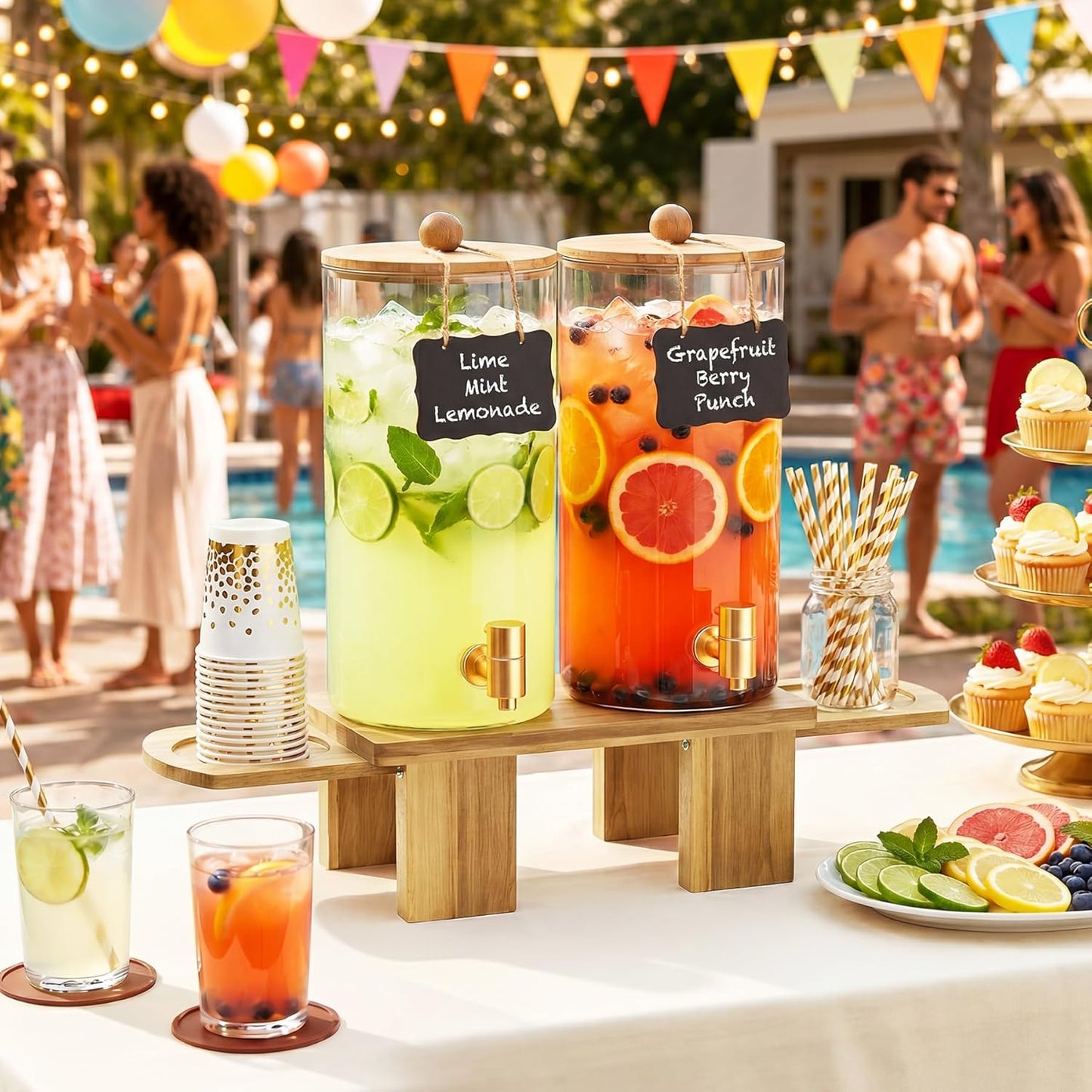 1.5 Gallon Drink Dispenser for Parties (2 Pack) - Glass Beverage Dispenser with Wood Stand, Stainless Steel Spigot & Coasters, Large Beverage Container for Hosting, BBQ, Lemonade, Juice & Iced Tea
