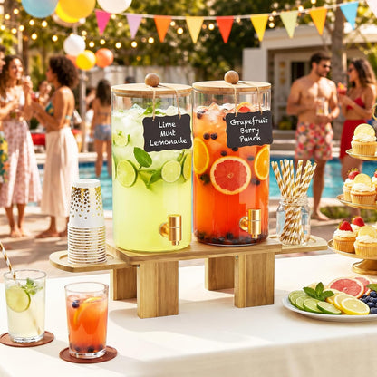 1.5 Gallon Drink Dispenser for Parties (2 Pack) - Glass Beverage Dispenser with Wood Stand, Stainless Steel Spigot & Coasters, Large Beverage Container for Hosting, BBQ, Lemonade, Juice & Iced Tea