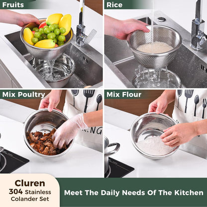 Colander and Bowl Set 6.0QT (2-in-1) - Thickened 304 Stainless Steel Kitchen Strainer Bowl for Fruit, Pasta, Vegetables, Rice - Heavy Duty, Induction Cooker & Dishwasher Safe