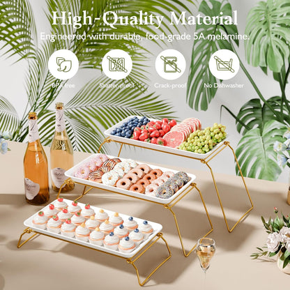 3-Tier Melamine Serving Tray Set, 11.5" x 5.6" Platters for Serving Food, Black Reusable Trays with Black Metal Display Stand for Cupcakes, Sevring Food, Dessert, Fruit, Cookie, Gold
