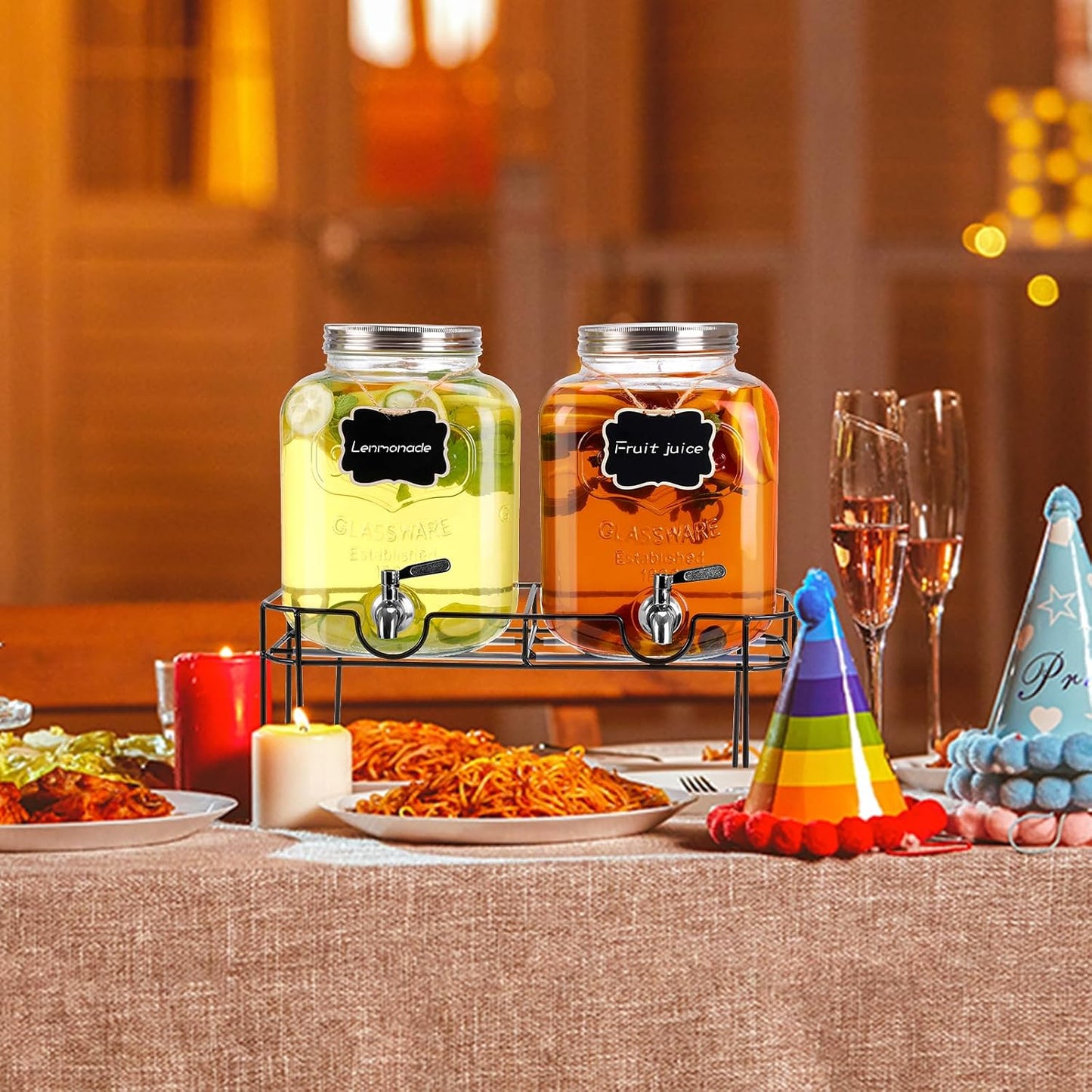 1.6 gallon Glass Beverage Dispenser with Stand, 2PACK Lemonade Dispenser with Spigot Stainless Steel, Drink Dispensers for Parties,Picnic,Weddings(Golden)