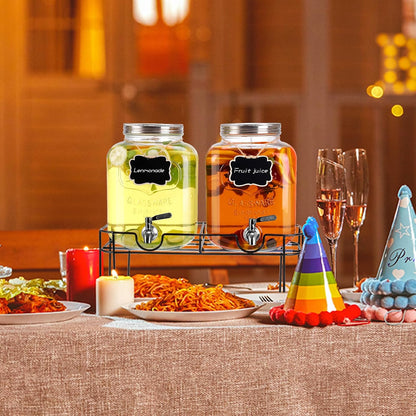 1.6 gallon Glass Beverage Dispenser with Stand, 2PACK Lemonade Dispenser with Spigot Stainless Steel, Drink Dispensers for Parties,Picnic,Weddings(Golden)