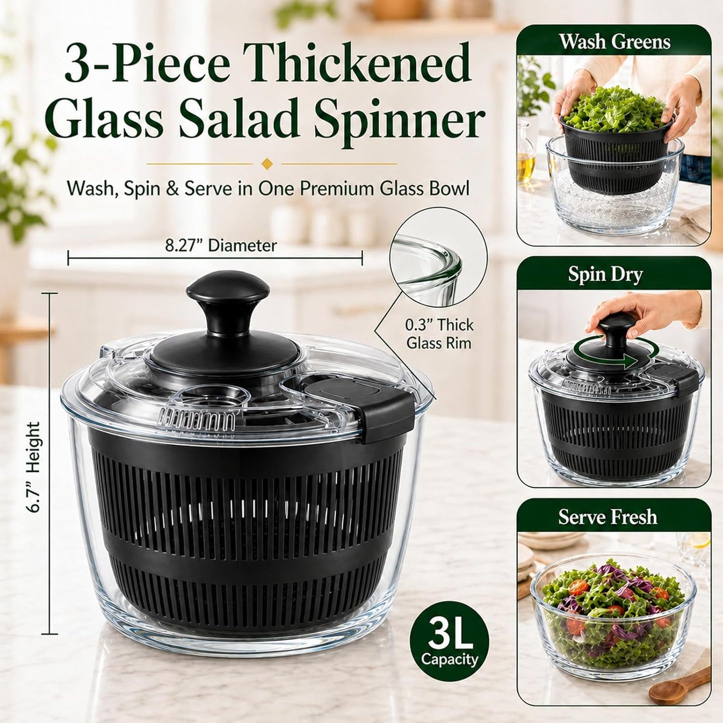 Glass Salad Spinner 3.2 Qt, Small Salad Spinner with Glass Bowl Removable Lid for Easy Cleaning Dishwasher Safe Glass Bowl Vegetable and Fruit Washer Dryer with Drain Spout Crank Handle White