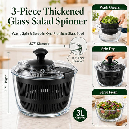 Glass Salad Spinner 3.2 Qt, Small Salad Spinner with Glass Bowl Removable Lid for Easy Cleaning Dishwasher Safe Glass Bowl Vegetable and Fruit Washer Dryer with Drain Spout Crank Handle White