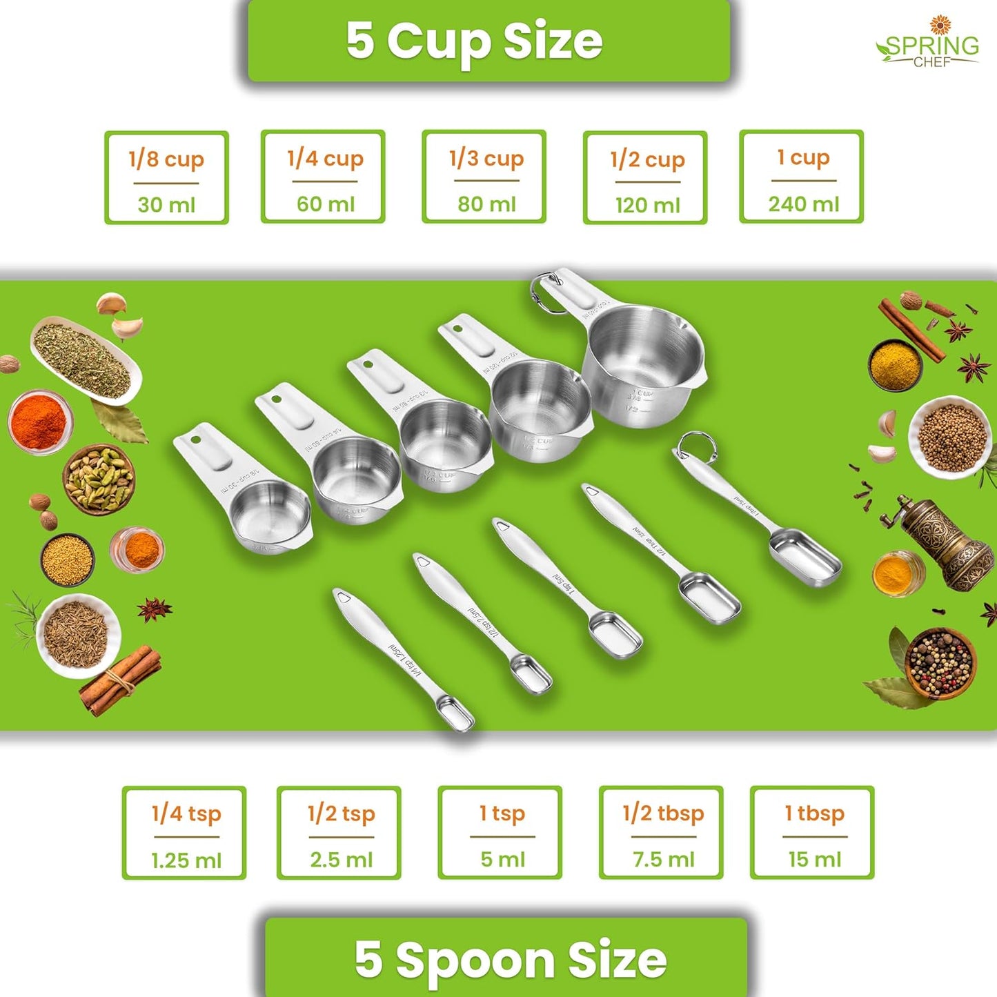 Spring Chef Stainless Steel Measuring Cups and Spoons Set of 14 with Leveler, Nesting Kitchen Metal Measuring Cups and Spoons Set for Dry and Liquid Ingredients, Perfect for Cooking & Baking