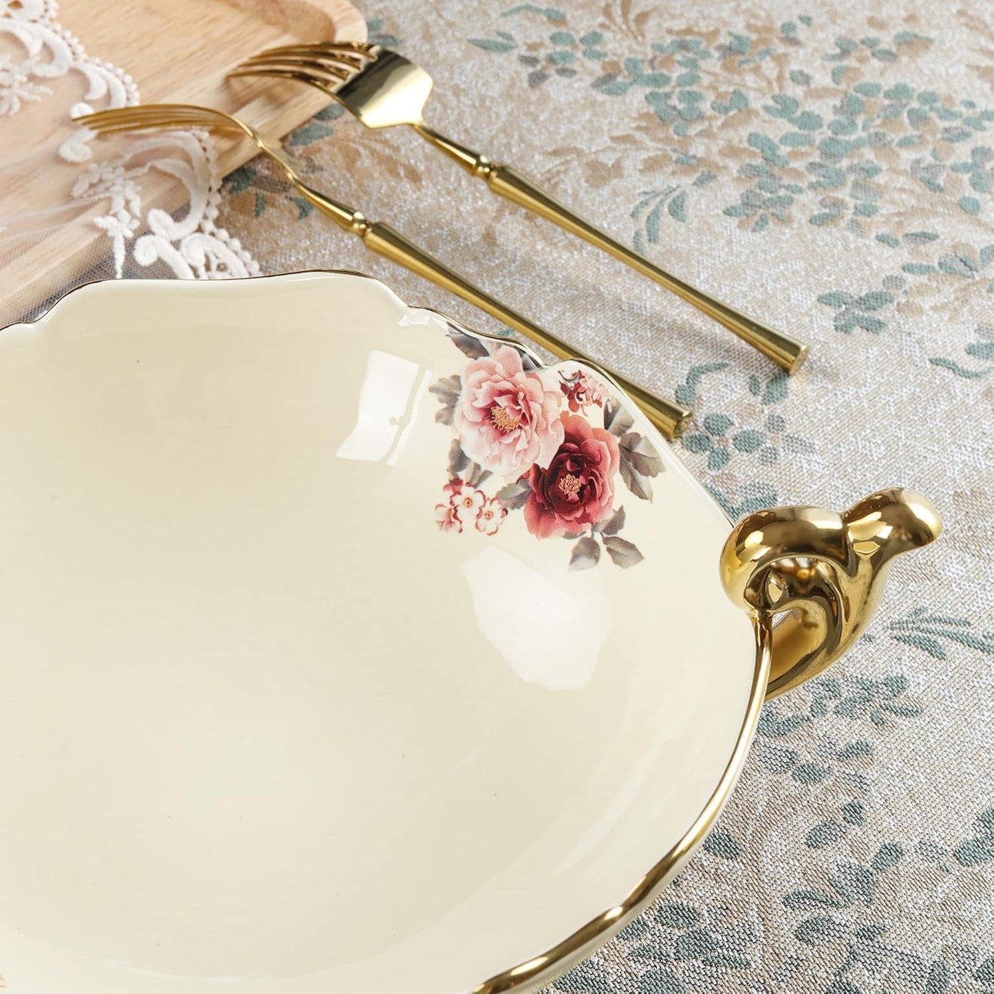 fanquare 3 Compartment Platter, Gold Porcelain Appetizer Serving Tray, Floral Ceramic Divided Serving Plate for Fruit, Candy, Nuts