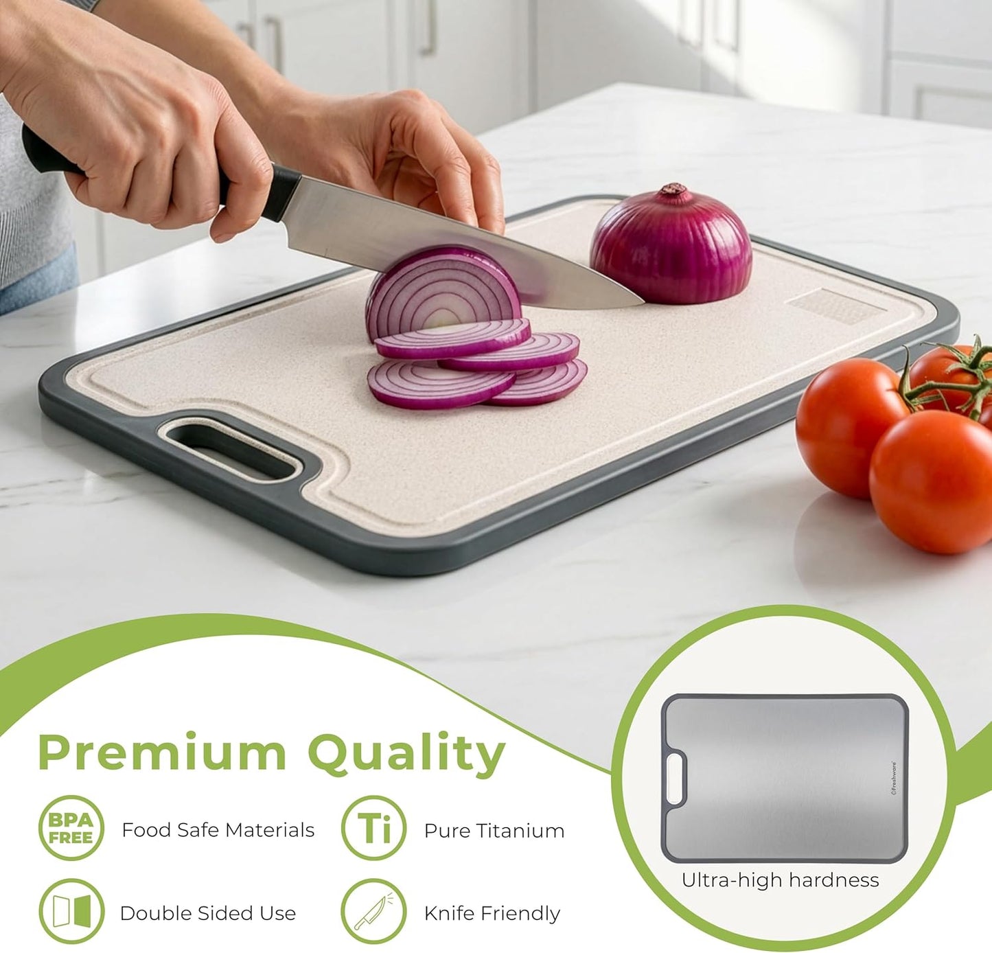 Freshware Titanium Cutting Board for Kitchen, Set of 2, Double Sided Cutting Boards, Pure Titanium/PP, Chopping Board with Juice Grooves, Dishwasher Safe, Medium 12.1" by 8.3" and Large 16.2" by 11"