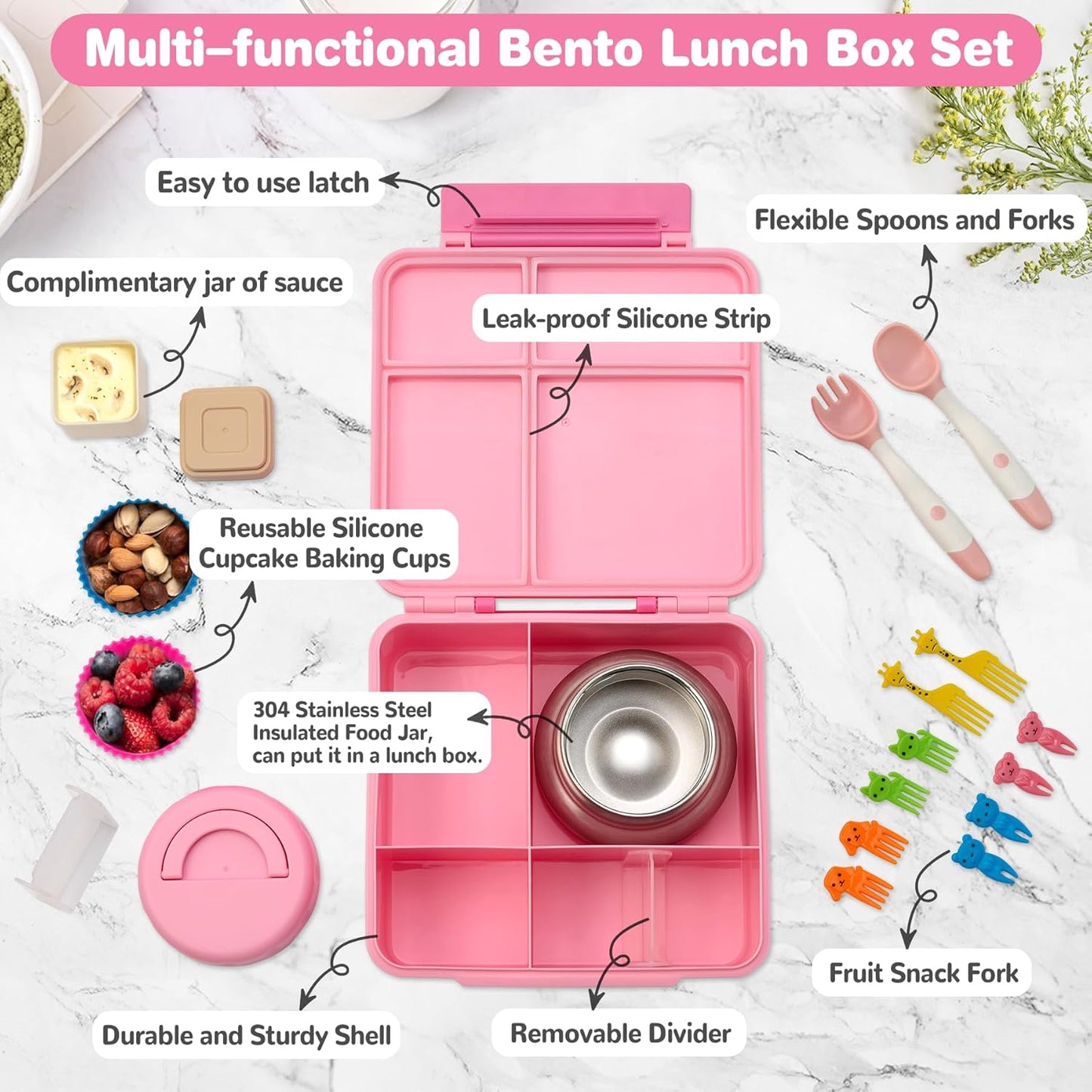 Bento Lunch Box with 9.5 oz Soup Thermo, Kids Leakproof 4 Compartments Bento Box with Silicone Cupcake,Fruit Fork,Spoon and Sauce Cup,Insulated Food Jar for School Travel-Black