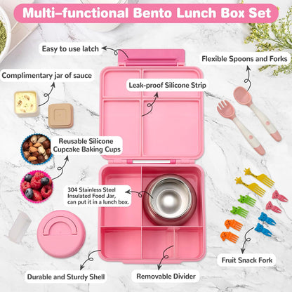 Bento Lunch Box with 9.5 oz Soup Thermo, Kids Leakproof 4 Compartments Bento Box with Silicone Cupcake,Fruit Fork,Spoon and Sauce Cup,Insulated Food Jar for School Travel-Black